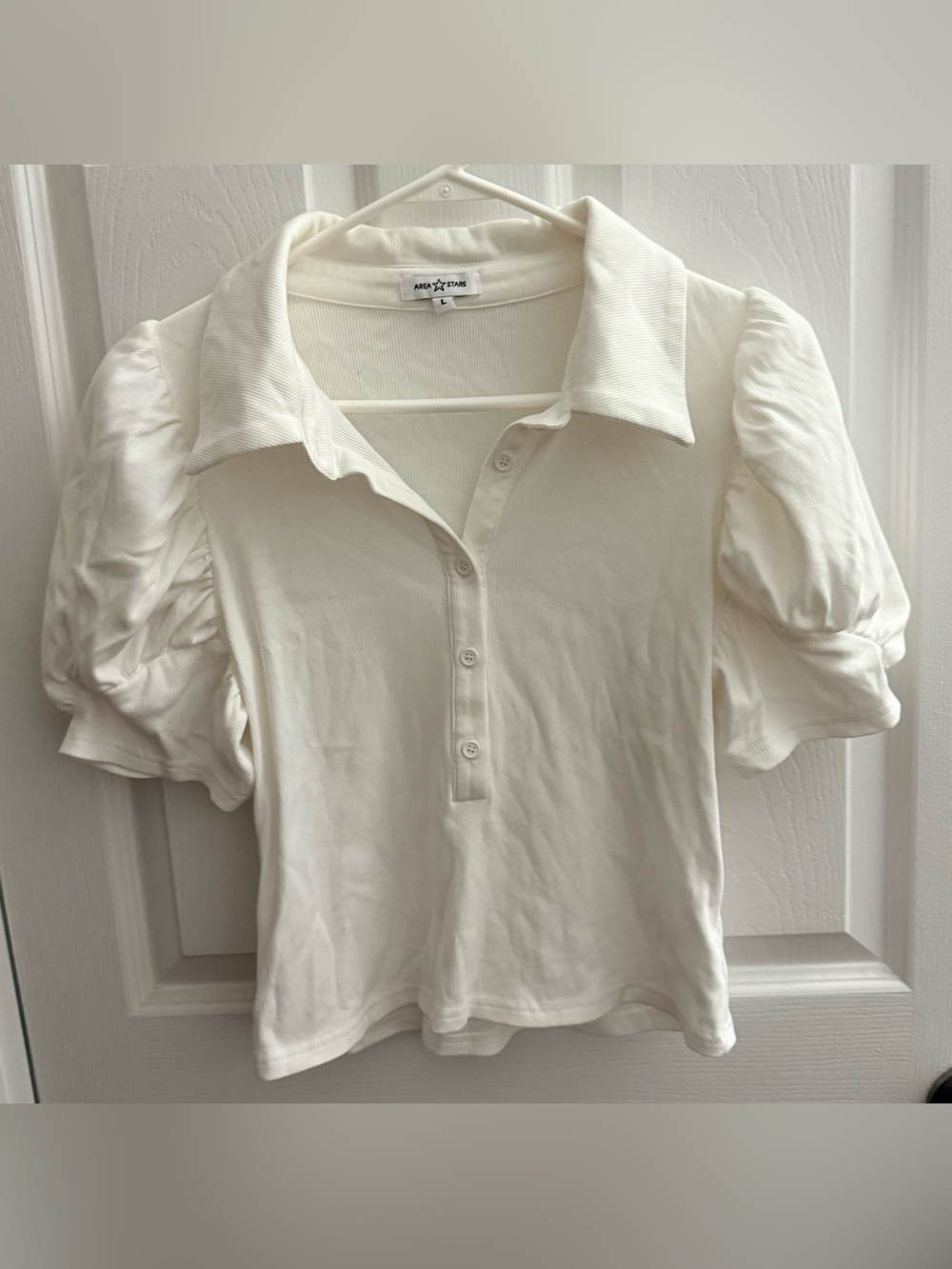 Area Stars: Women’s Soft Winter White Blouse, Button-Up with Puff Sleeves